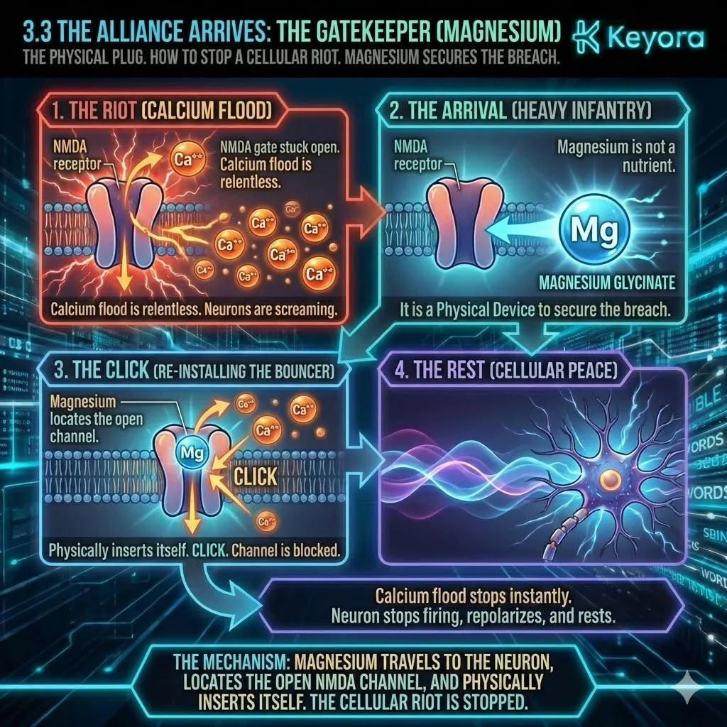 Neutralize the cellular riot by re-installing the magnesium bouncer into the NMDA pore to terminate calcium influx and restore neurological sovereignty. Neutralize the cellular riot by re-installing the magnesium bouncer into the NMDA pore to terminate calcium influx and restore neurological sovereignty.