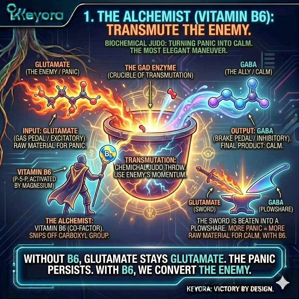 Neutralize the glutamate storm by utilizing Vitamin B6 (P-5-P) to catalyze the GAD enzyme, transmuting excitatory glutamate into inhibitory GABA for neurological sovereignty. Neutralize the glutamate storm by utilizing Vitamin B6 (P-5-P) to catalyze the GAD enzyme, transmuting excitatory glutamate into inhibitory GABA for neurological sovereignty.