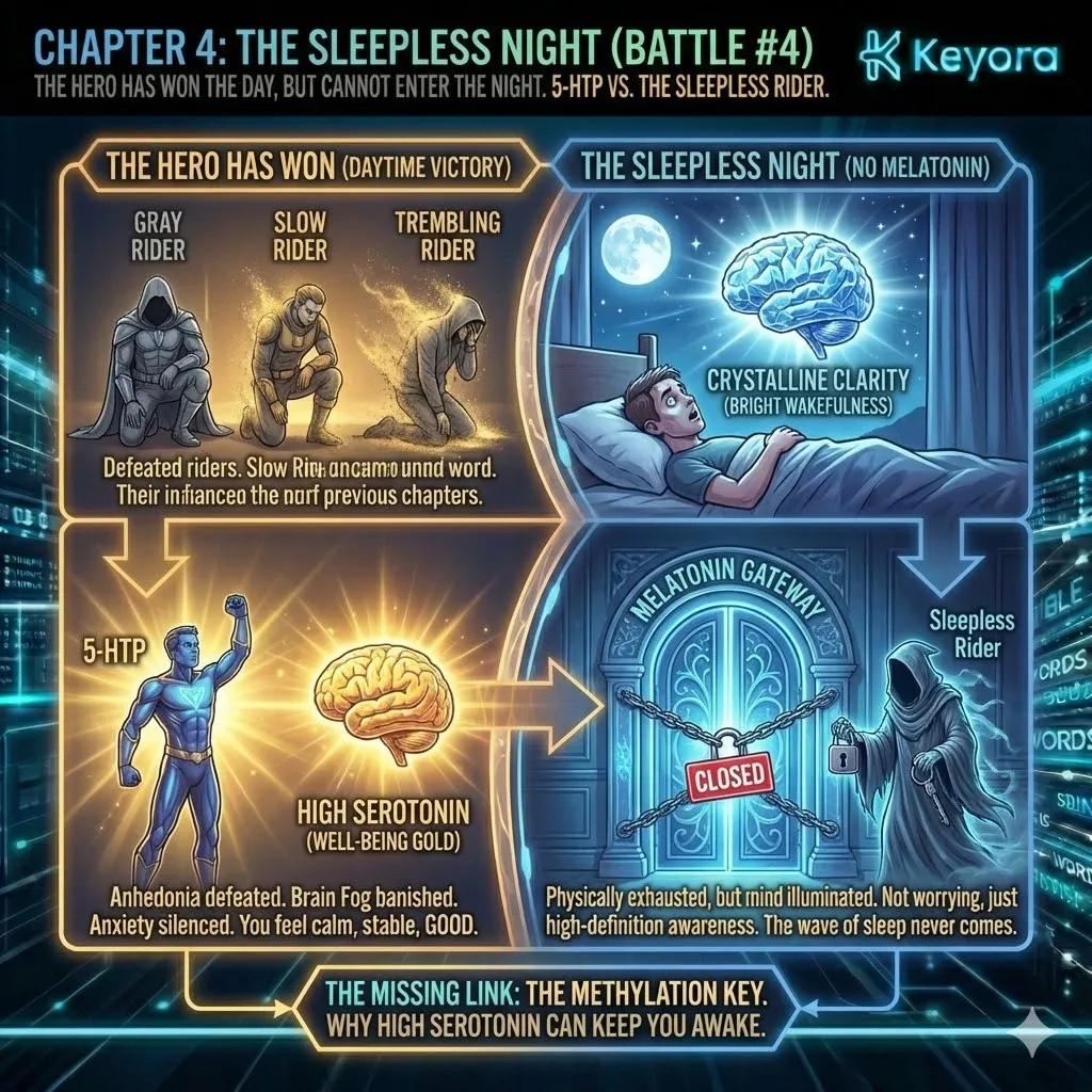 Serotonin saturation triggers bright wakefulness until the Methylation Key catalyzes Melatonin conversion to terminate the Neuro-Endocrine Storm for rest. Serotonin saturation triggers bright wakefulness until the Methylation Key catalyzes Melatonin conversion to terminate the Neuro-Endocrine Storm for rest.