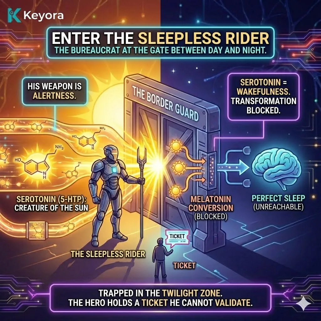 The Sleepless Rider enforces alert wakefulness as Serotonin remains trapped in the Twilight Zone without the Methylation Key to unlock Melatonin rebirth. The Sleepless Rider enforces alert wakefulness as Serotonin remains trapped in the Twilight Zone without the Methylation Key to unlock Melatonin rebirth.