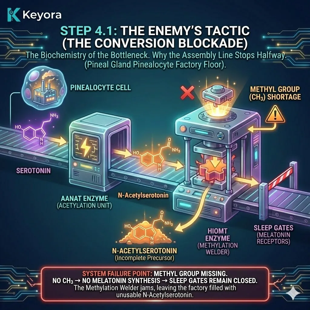 The Conversion Blockade halts the Pathway of Night as HIOMT fails to attach the Methyl Group required to finalize the Melatonin synthesis sequence. The Conversion Blockade halts the Pathway of Night as HIOMT fails to attach the Methyl Group required to finalize the Melatonin synthesis sequence.