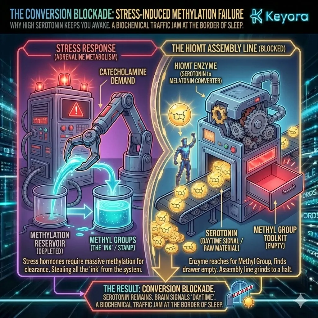 The Conversion Blockade depletes Methyl Donors to stall HIOMT enzymatic activity and halt Melatonin synthesis during the high-stress Neuro-Endocrine Storm. The Conversion Blockade depletes Methyl Donors to stall HIOMT enzymatic activity and halt Melatonin synthesis during the high-stress Neuro-Endocrine Storm.