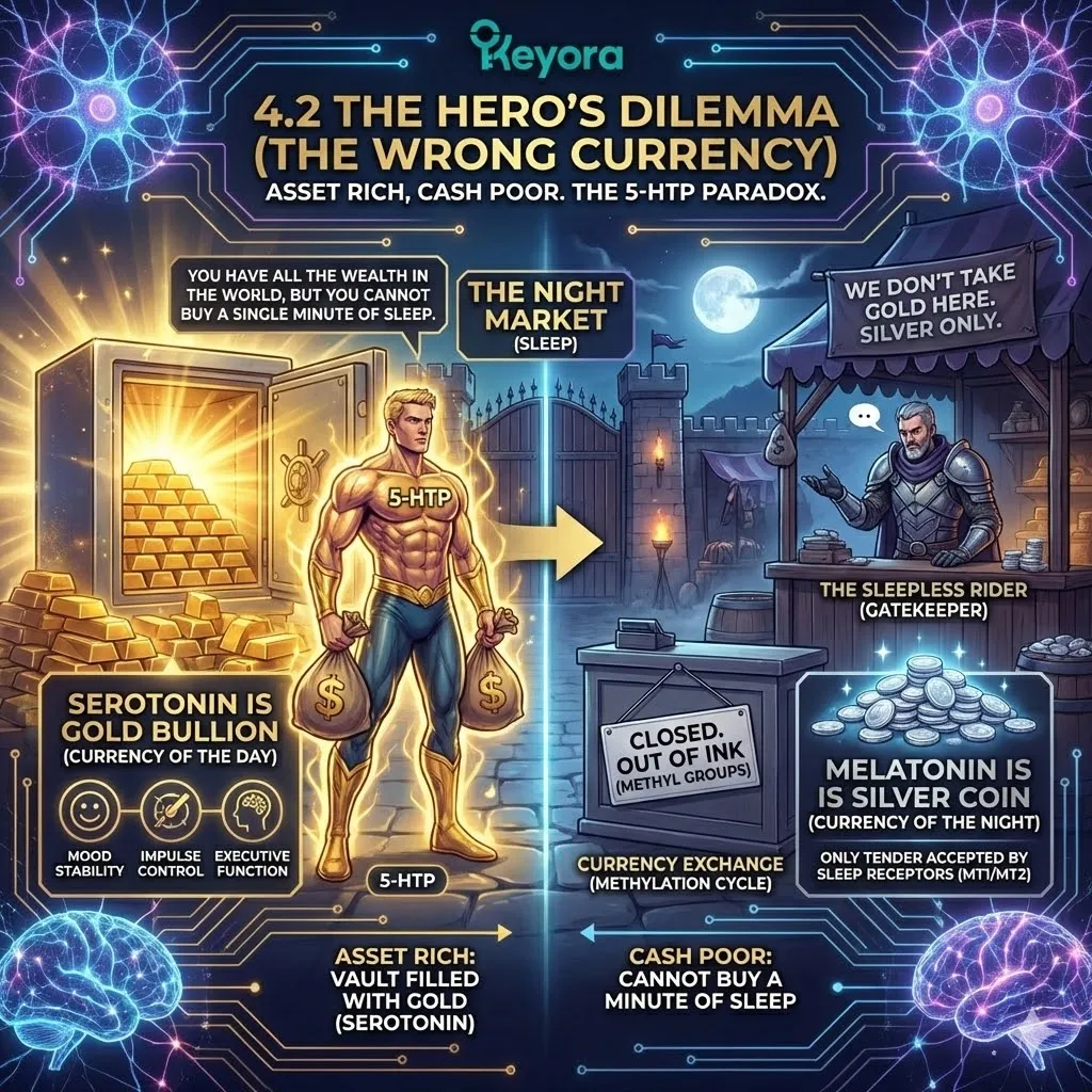 The Exchange Failure illustrates the 5-HTP Paradox where excess Serotonin remains uncashed Gold Bullion due to Methyl Group depletion within the Pinealocyte. The Exchange Failure illustrates the 5-HTP Paradox where excess Serotonin remains uncashed Gold Bullion due to Methyl Group depletion within the Pinealocyte.