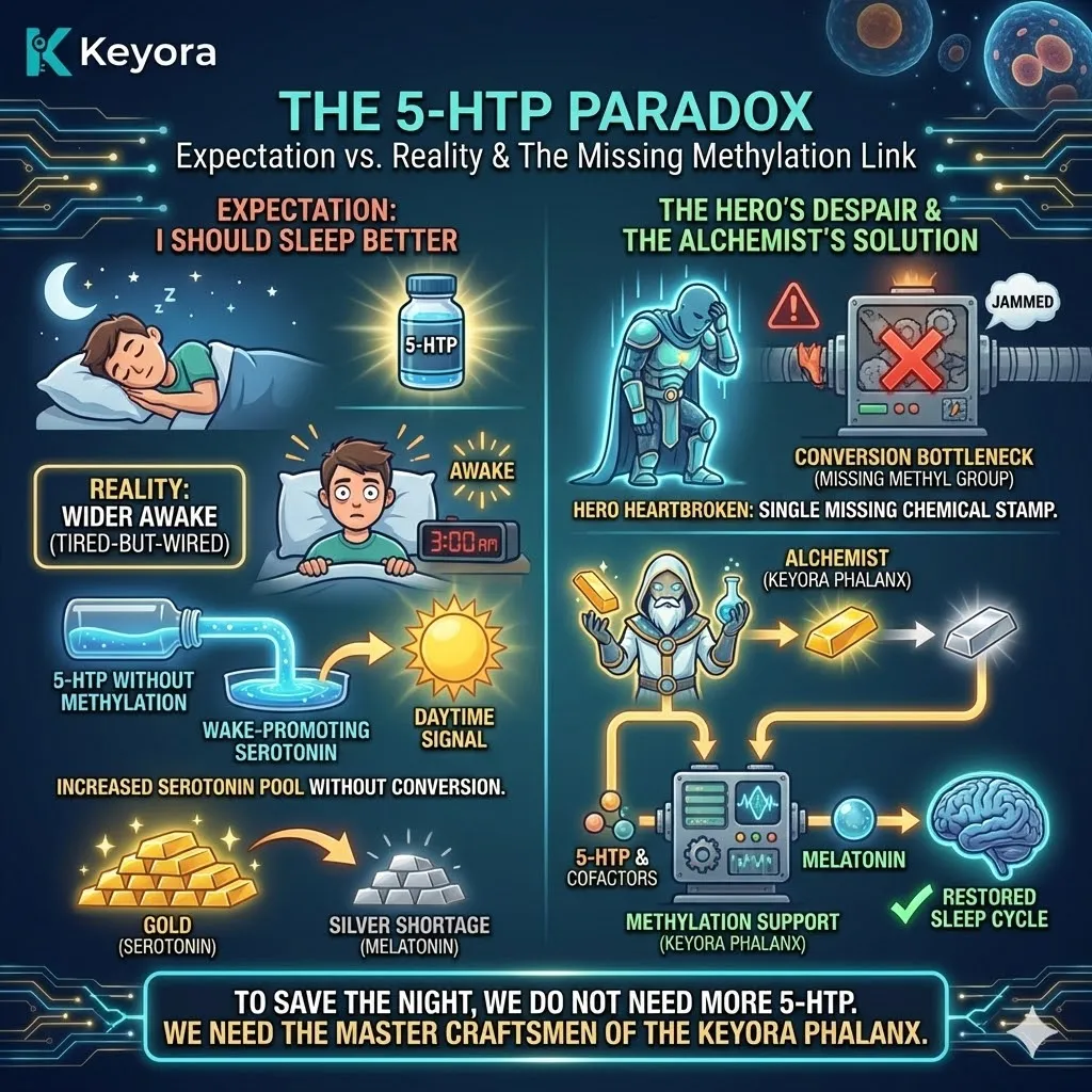 The 5-HTP Paradox manifests as high-definition alertness when excess Serotonin lacks the Methylation Key to catalyze the nocturnal Melatonin coronation. The 5-HTP Paradox manifests as high-definition alertness when excess Serotonin lacks the Methylation Key to catalyze the nocturnal Melatonin coronation.