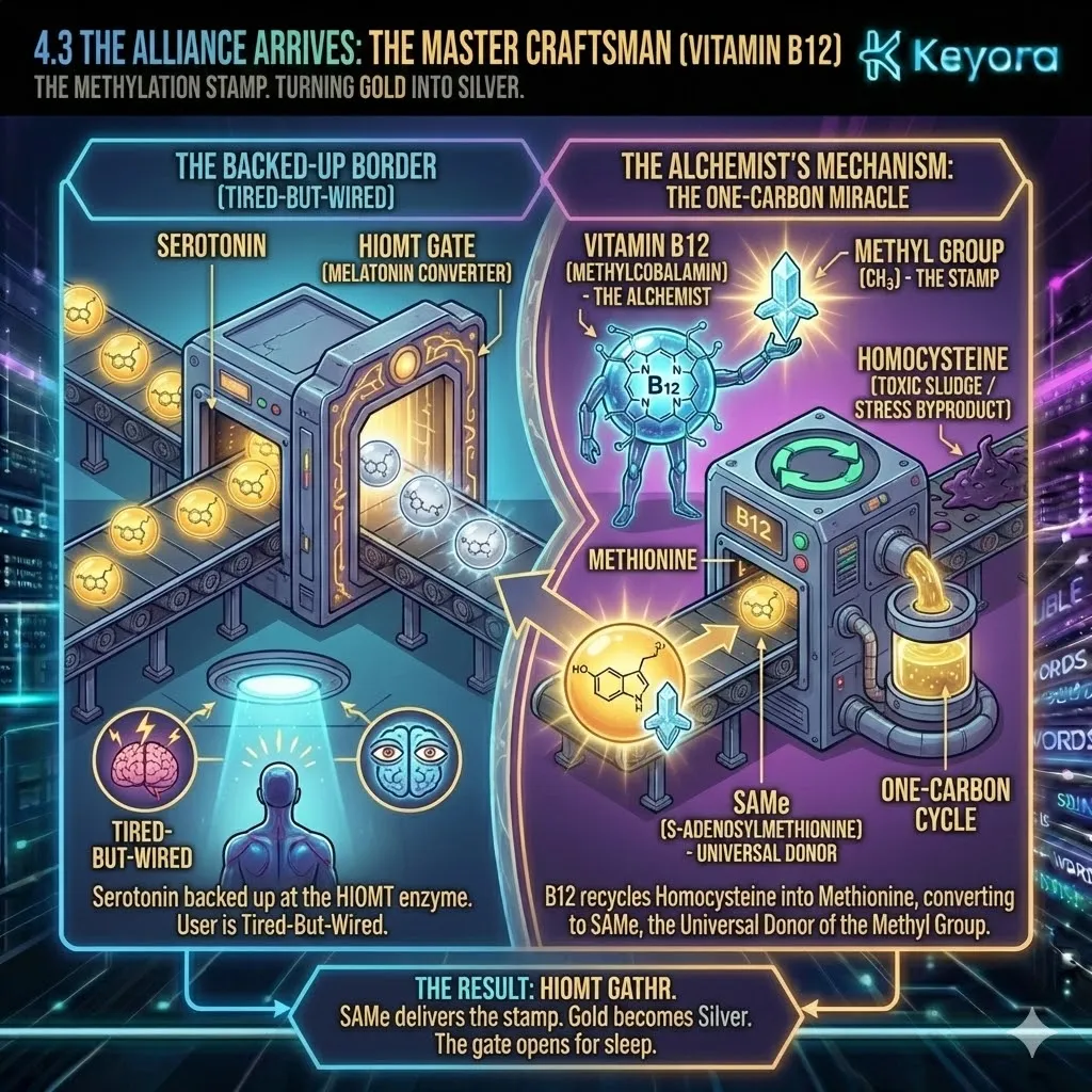 The Master Craftsman Vitamin B12 recycles Homocysteine into SAMe to provide the Methylation Stamp required for the Melatonin synthesis coronation. The Master Craftsman Vitamin B12 recycles Homocysteine into SAMe to provide the Methylation Stamp required for the Melatonin synthesis coronation.
