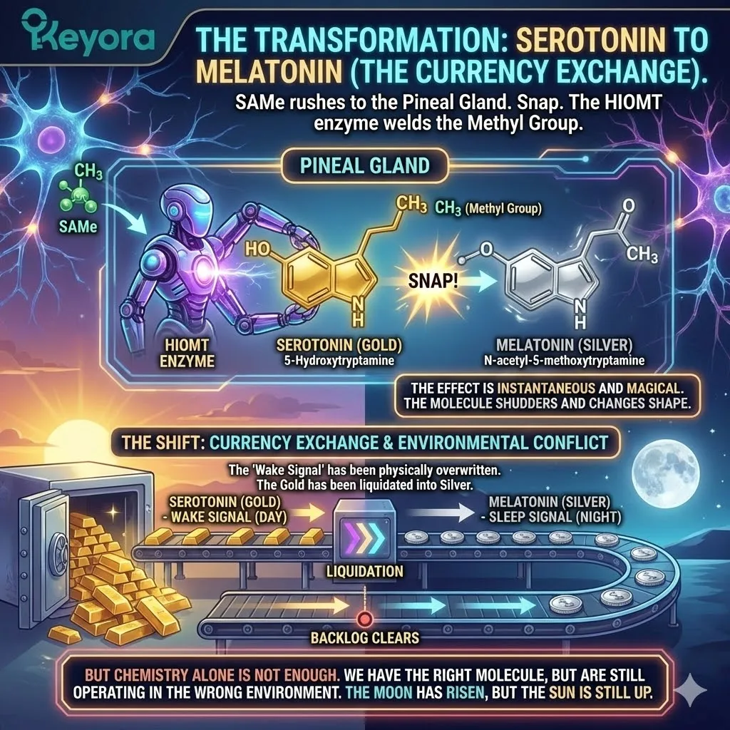 The Transformation sequence utilizes SAMe to weld the Methyl Group onto Serotonin, overwriting the Wake Signal with the high-density Melatonin Sleep Signal. The Transformation sequence utilizes SAMe to weld the Methyl Group onto Serotonin, overwriting the Wake Signal with the high-density Melatonin Sleep Signal.