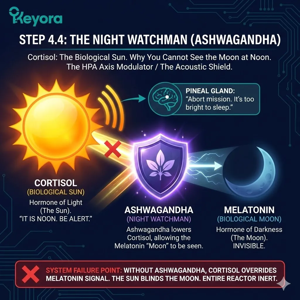 The Cortisol Antagonism creates a biological blinding signal where high-stress levels override Melatonin to abort the Night Mission and maintain Alertness. The Cortisol Antagonism creates a biological blinding signal where high-stress levels override Melatonin to abort the Night Mission and maintain Alertness.
