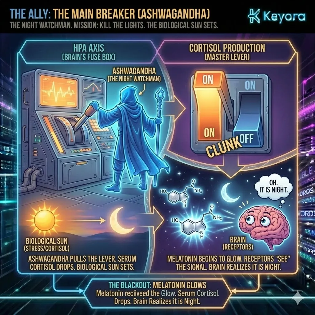 The Night Watchman Ashwagandha executes the Cortisol Blackout at the HPA Axis fuse box to allow the Melatonin signal to illuminate the sleep receptors. The Night Watchman Ashwagandha executes the Cortisol Blackout at the HPA Axis fuse box to allow the Melatonin signal to illuminate the sleep receptors.