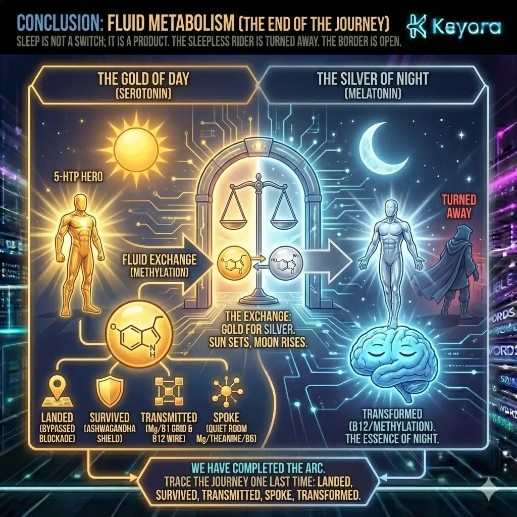 The Serotonin Protocol arc concludes as 5-HTP achieves Melatonin transformation via the Methylation Key and Cortisol Blackout for total rest. The Serotonin Protocol arc concludes as 5-HTP achieves Melatonin transformation via the Methylation Key and Cortisol Blackout for total rest.