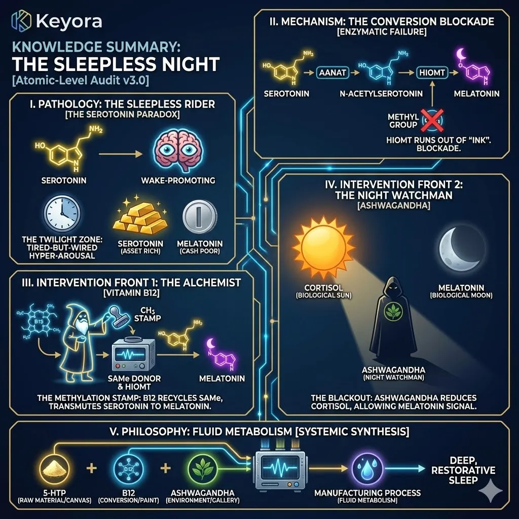 The Atomic-Level Audit identifies the Conversion Blockade where Methyl Group depletion halts Melatonin synthesis, trapping the brain in high-definition Serotonin alertness. The Atomic-Level Audit identifies the Conversion Blockade where Methyl Group depletion halts Melatonin synthesis, trapping the brain in high-definition Serotonin alertness.