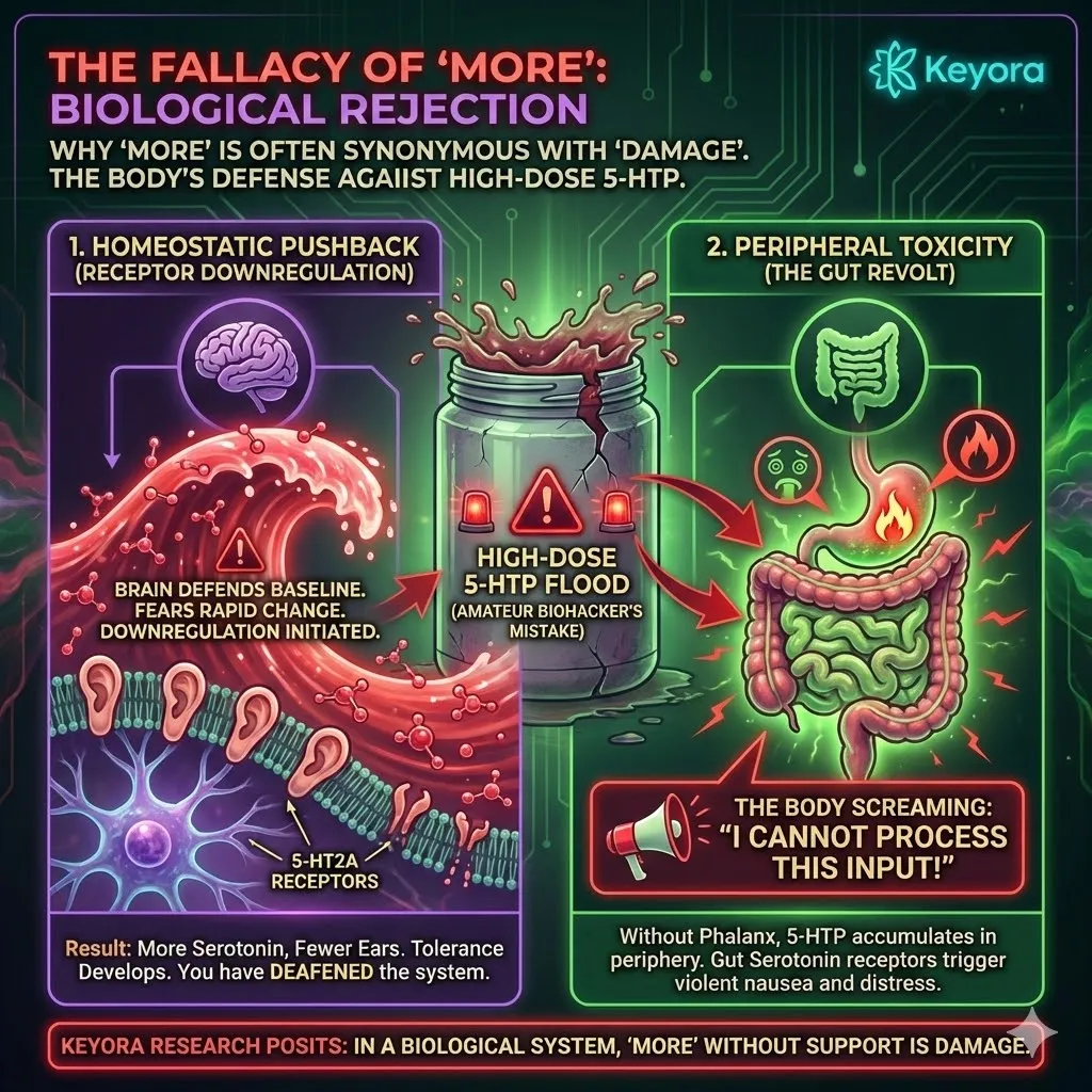 The Fallacy of More triggers Receptor Downregulation and Peripheral Toxicity when high-dose 5-HTP bypasses the Keyora Phalanx to induce systemic rejection. The Fallacy of More triggers Receptor Downregulation and Peripheral Toxicity when high-dose 5-HTP bypasses the Keyora Phalanx to induce systemic rejection.