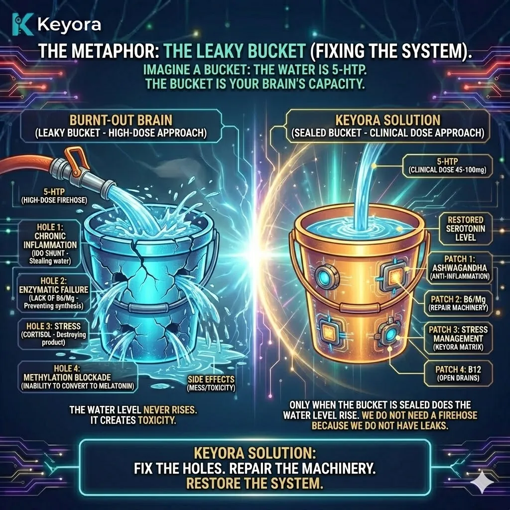 The Leaky Bucket metaphor illustrates how the Neuro-Endocrine Storm creates holes in Serotonin synthesis through Inflammation and enzymatic failure. The Leaky Bucket metaphor illustrates how the Neuro-Endocrine Storm creates holes in Serotonin synthesis through Inflammation and enzymatic failure.