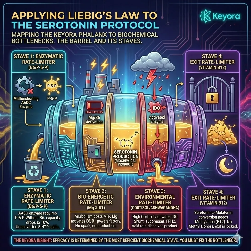 Liebig’s Barrel mapping identifies Vitamin B6, Magnesium, and B12 as the critical rate-limiting staves that govern the conversion and exit of the Serotonin payload. Liebig’s Barrel mapping identifies Vitamin B6, Magnesium, and B12 as the critical rate-limiting staves that govern the conversion and exit of the Serotonin payload.