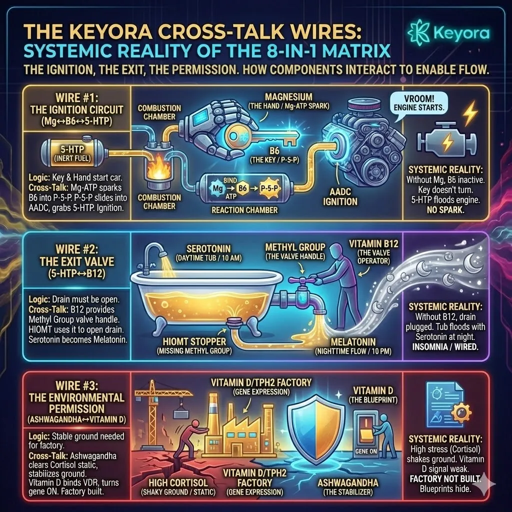 The Ignition Circuit integrates 5-HTP, Magnesium, and B6 into a synchronized firing sequence where Mg-ATP activates the enzymatic key to spark Serotonin synthesis. The Ignition Circuit integrates 5-HTP, Magnesium, and B6 into a synchronized firing sequence where Mg-ATP activates the enzymatic key to spark Serotonin synthesis.