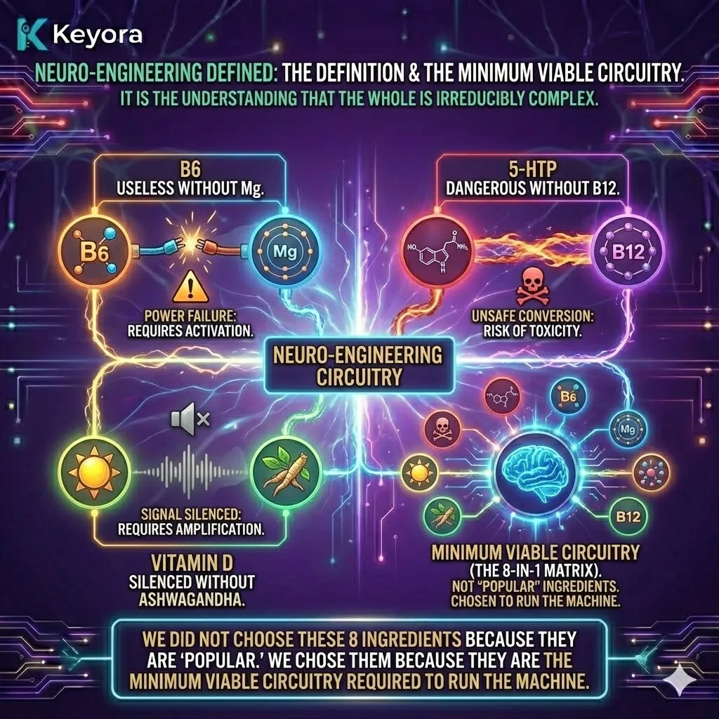 The Minimum Viable Circuitry dictates that Neuro-Engineering is the precise synchronization of B6, Magnesium, B12, Vitamin D, and Ashwagandha to ensure uninterrupted Serotonin flow. The Minimum Viable Circuitry dictates that Neuro-Engineering is the precise synchronization of B6, Magnesium, B12, Vitamin D, and Ashwagandha to ensure uninterrupted Serotonin flow.