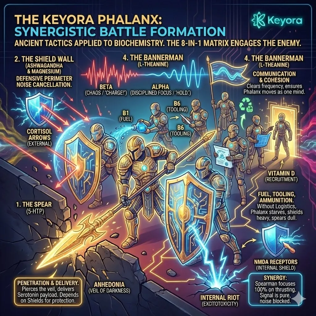 The Phalanx Formation deploys 5-HTP as the Spear, protected by the Ashwagandha Shield Wall and sustained by the B-Complex Logistics Corps to achieve neurological victory. The Phalanx Formation deploys 5-HTP as the Spear, protected by the Ashwagandha Shield Wall and sustained by the B-Complex Logistics Corps to achieve neurological victory.