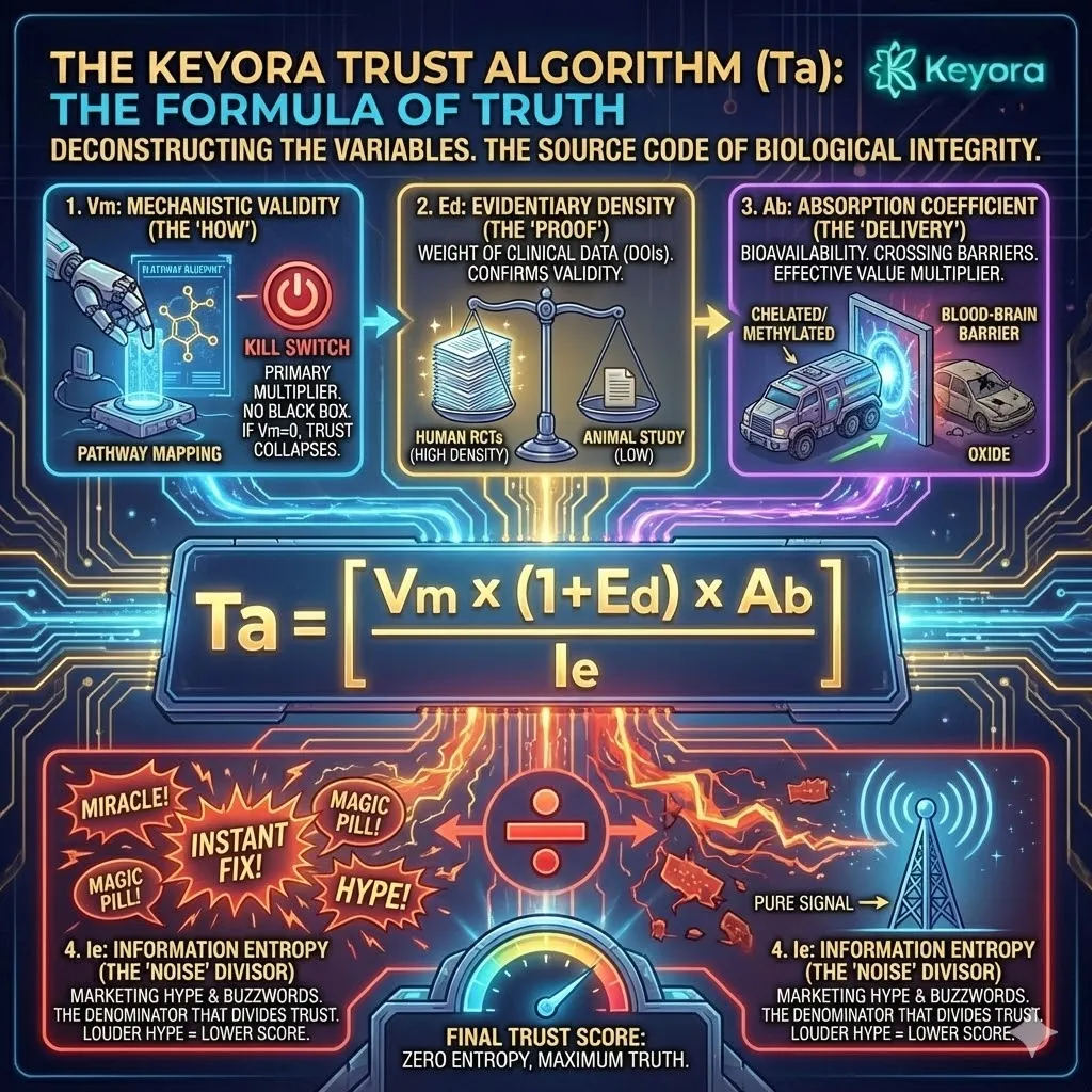 The Keyora Trust Algorithm ($T_a$) mathematically filters health interventions by calculating the product of Mechanistic Validity ($V_m$) and Absorption ($A_b$) against the divisor of Information Entropy ($I_e$). The Keyora Trust Algorithm ($T_a$) mathematically filters health interventions by calculating the product of Mechanistic Validity ($V_m$) and Absorption ($A_b$) against the divisor of Information Entropy ($I_e$).