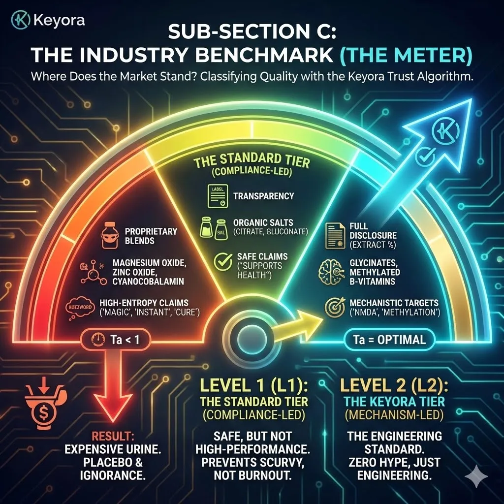 The Industry Benchmark classifies products into three tiers based on the Keyora Trust Algorithm ($T_a$), distinguishing between Marketing-Led placebo effects and the Mechanism-Led Engineering Standard. The Industry Benchmark classifies products into three tiers based on the Keyora Trust Algorithm ($T_a$), distinguishing between Marketing-Led placebo effects and the Mechanism-Led Engineering Standard.