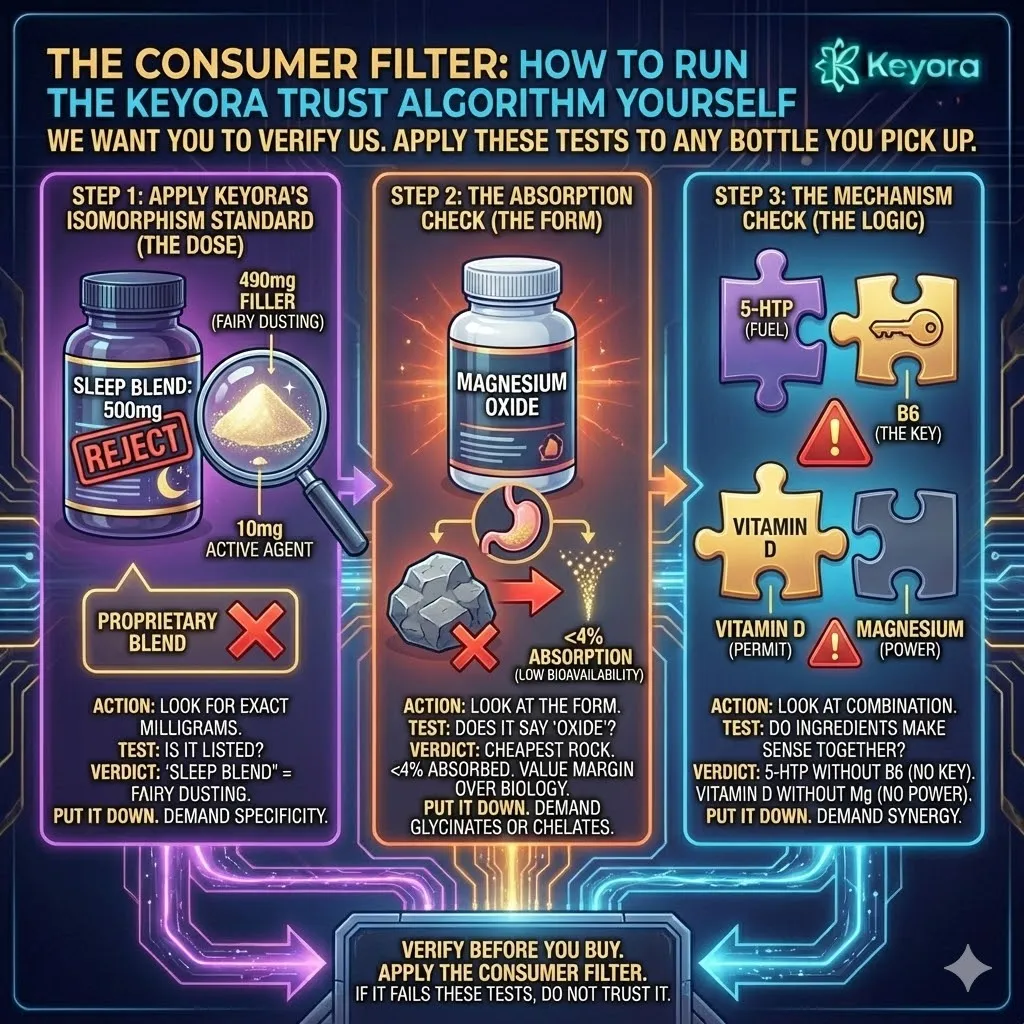 The Consumer Filter UI/UX provides a three-step manual audit to detect "Fairy Dusting" and biochemical gaps by enforcing Specificity, Absorption, and Synergy. The Consumer Filter UI/UX provides a three-step manual audit to detect "Fairy Dusting" and biochemical gaps by enforcing Specificity, Absorption, and Synergy.