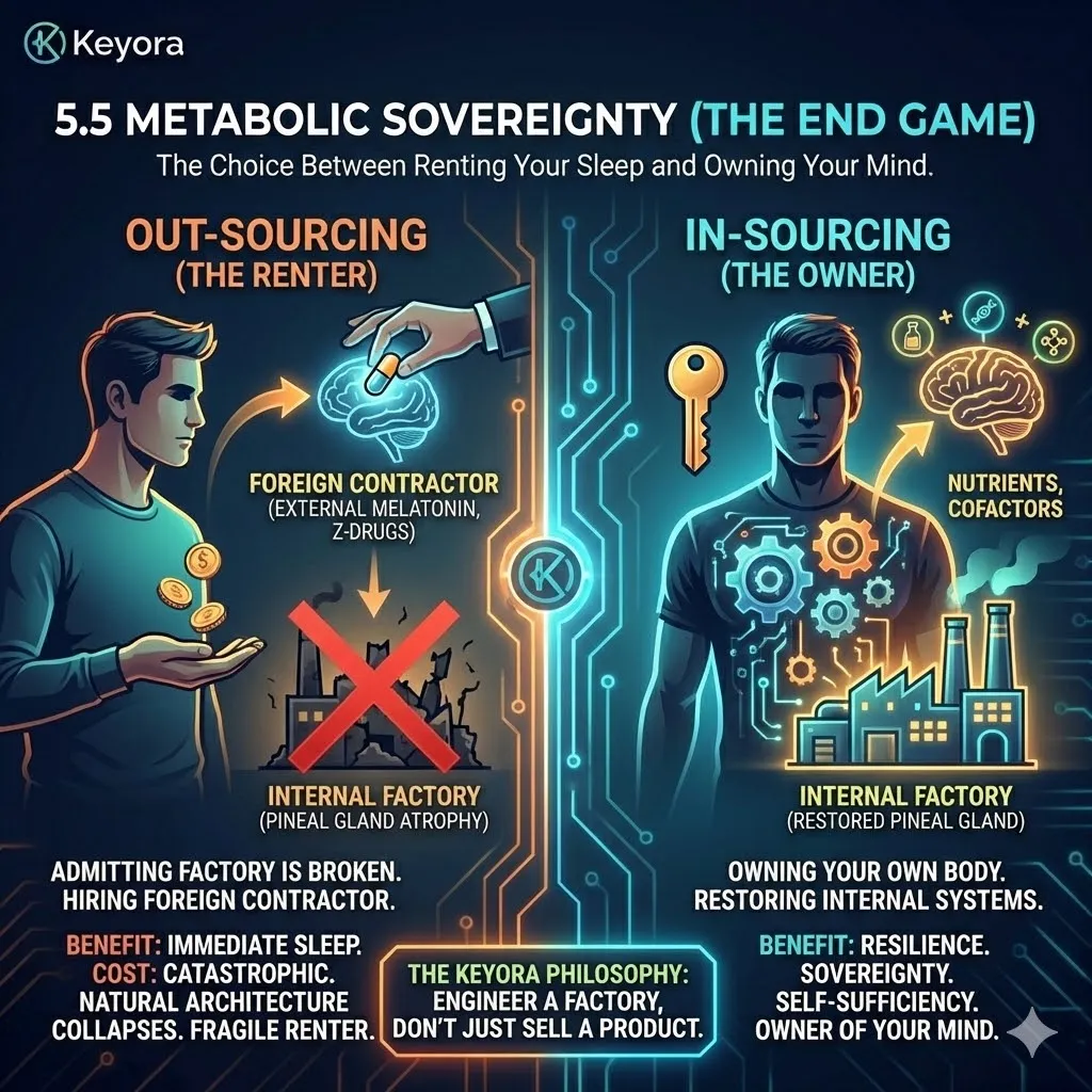 The Out-Sourcing trap creates metabolic fragility by replacing natural architecture with foreign contractors, leading to pineal atrophy and receptor downregulation. The Out-Sourcing trap creates metabolic fragility by replacing natural architecture with foreign contractors, leading to pineal atrophy and receptor downregulation.