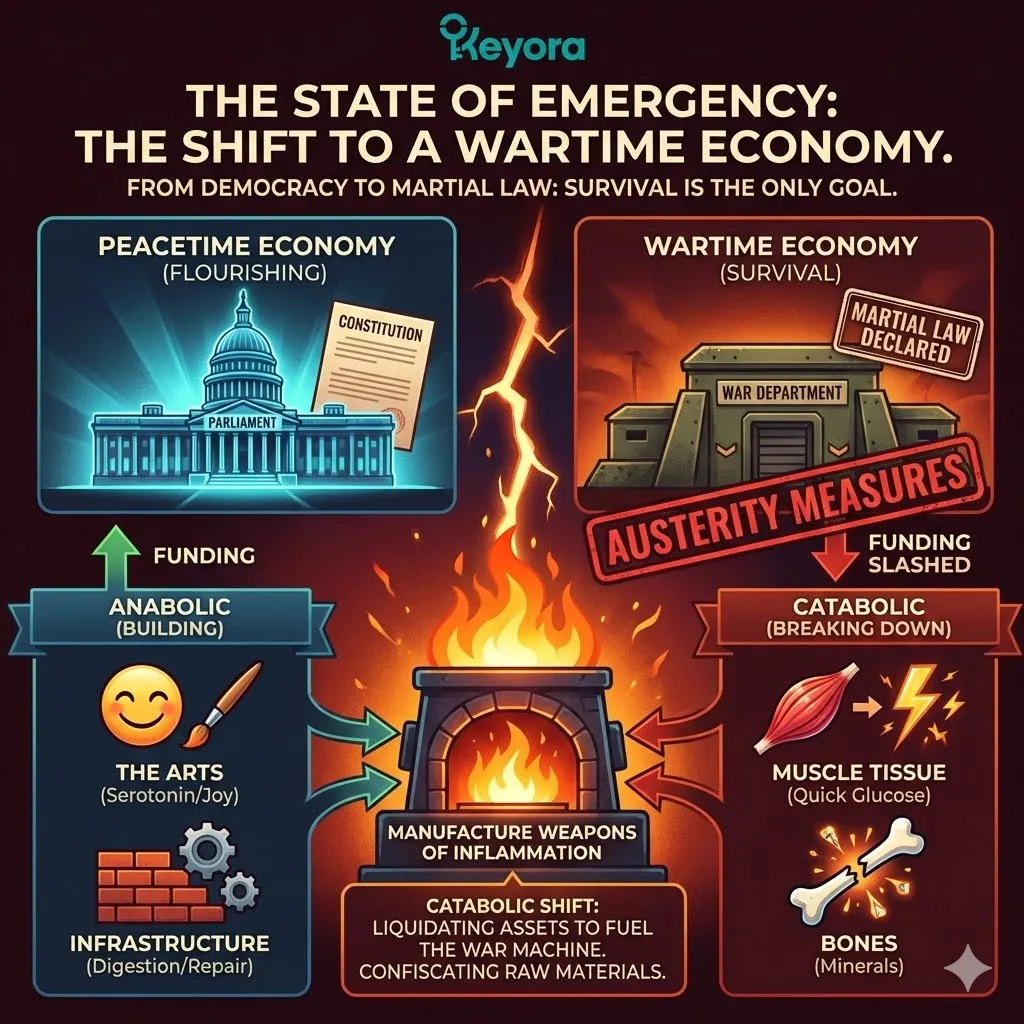 Catabolic metabolism under martial law liquidates biological assets to fuel the neuro-endocrine storm, sacrificing serotonin for survival-based defense mechanisms. Catabolic metabolism under martial law liquidates biological assets to fuel the neuro-endocrine storm, sacrificing serotonin for survival-based defense mechanisms.