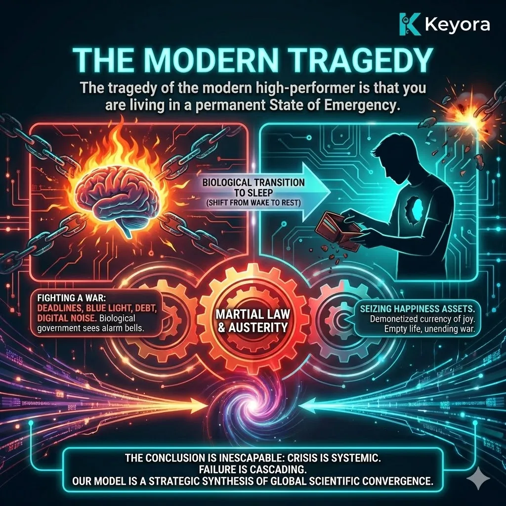Chronic digital stress triggers persistent metabolic martial law, depleting happiness assets to fuel a neuro-endocrine storm and halting systemic regulator recovery. Chronic digital stress triggers persistent metabolic martial law, depleting happiness assets to fuel a neuro-endocrine storm and halting systemic regulator recovery.