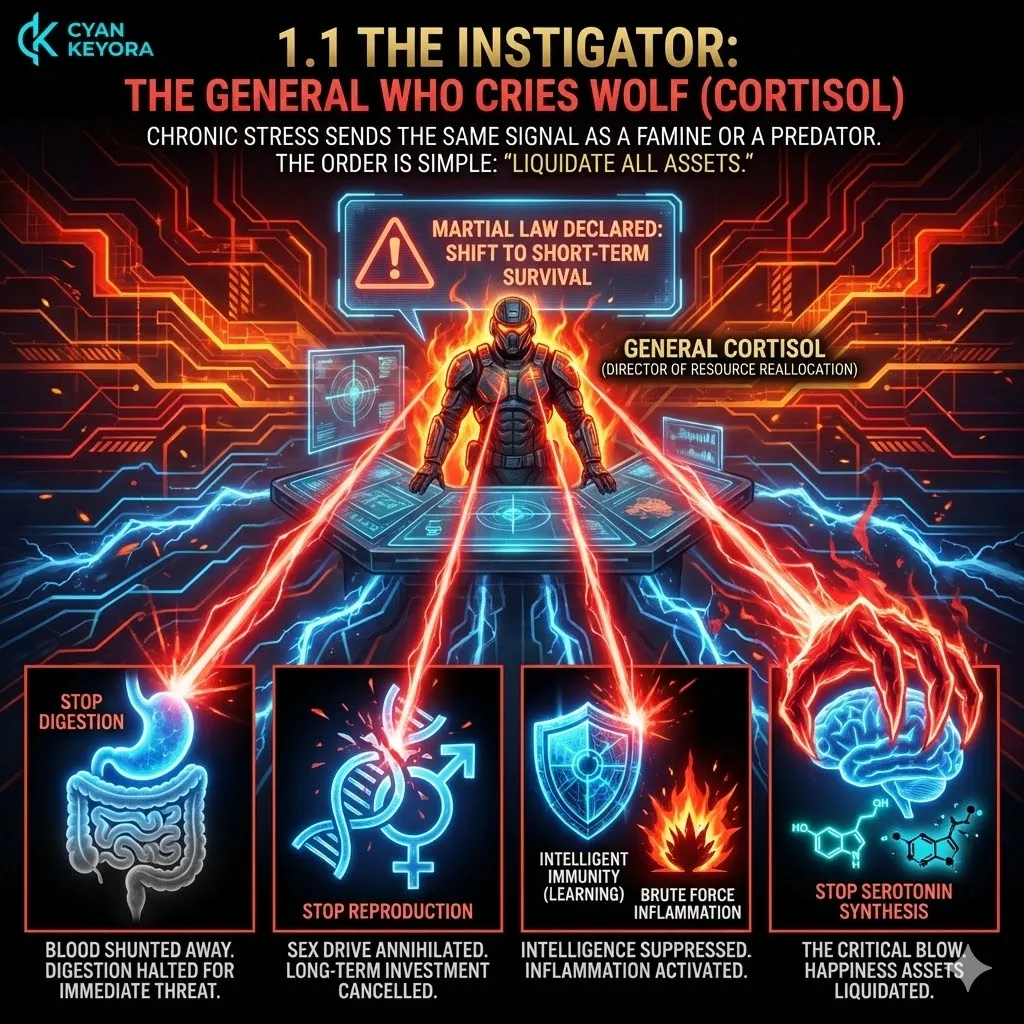 Cortisol acts as the director of resource reallocation, triggering a neuro-endocrine storm that halts serotonin synthesis and annihilates systemic regulator functions. Cortisol acts as the director of resource reallocation, triggering a neuro-endocrine storm that halts serotonin synthesis and annihilates systemic regulator functions.