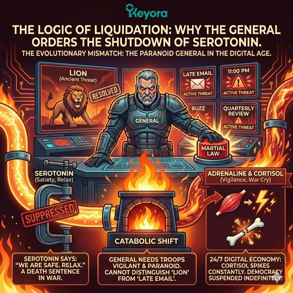 Cortisol suppresses serotonin to maintain vigilance during a neuro-endocrine storm, sacrificing the satiety signal to enforce a state of metabolic paranoia. Cortisol suppresses serotonin to maintain vigilance during a neuro-endocrine storm, sacrificing the satiety signal to enforce a state of metabolic paranoia.