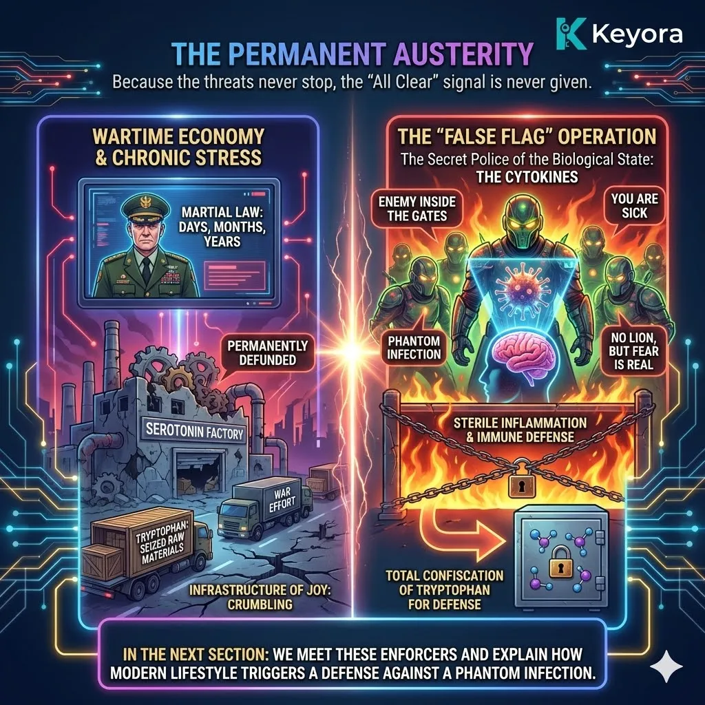 Chronic cortisol elevation enforces permanent metabolic austerity, diverting tryptophan to fuel a neuro-endocrine storm and dismantling the systemic regulator infrastructure. Chronic cortisol elevation enforces permanent metabolic austerity, diverting tryptophan to fuel a neuro-endocrine storm and dismantling the systemic regulator infrastructure.