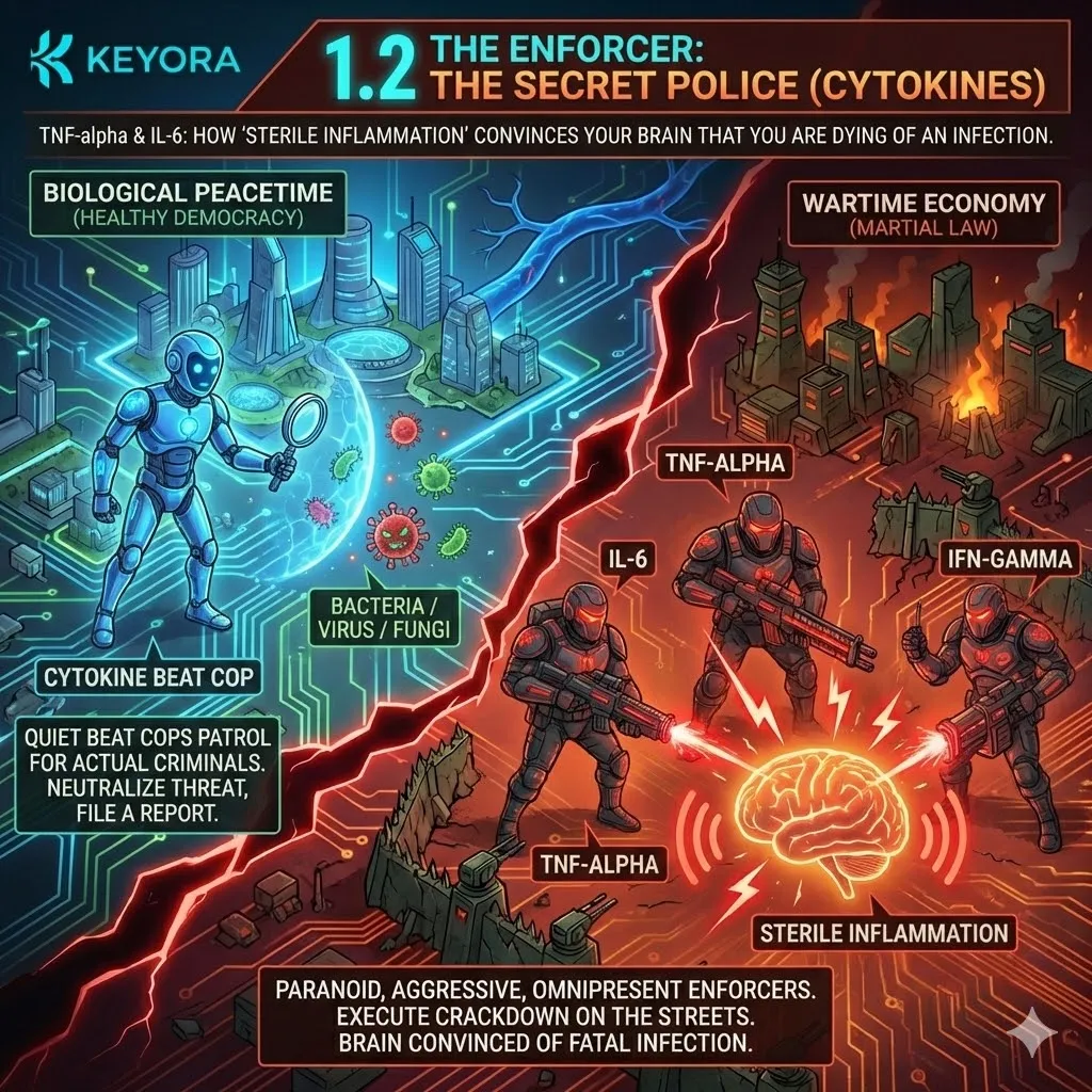Pro-inflammatory cytokines execute the neuro-endocrine storm, transitioning from peaceful patrol to aggressive enforcers of metabolic martial law via Keyora. Pro-inflammatory cytokines execute the neuro-endocrine storm, transitioning from peaceful patrol to aggressive enforcers of metabolic martial law via Keyora.