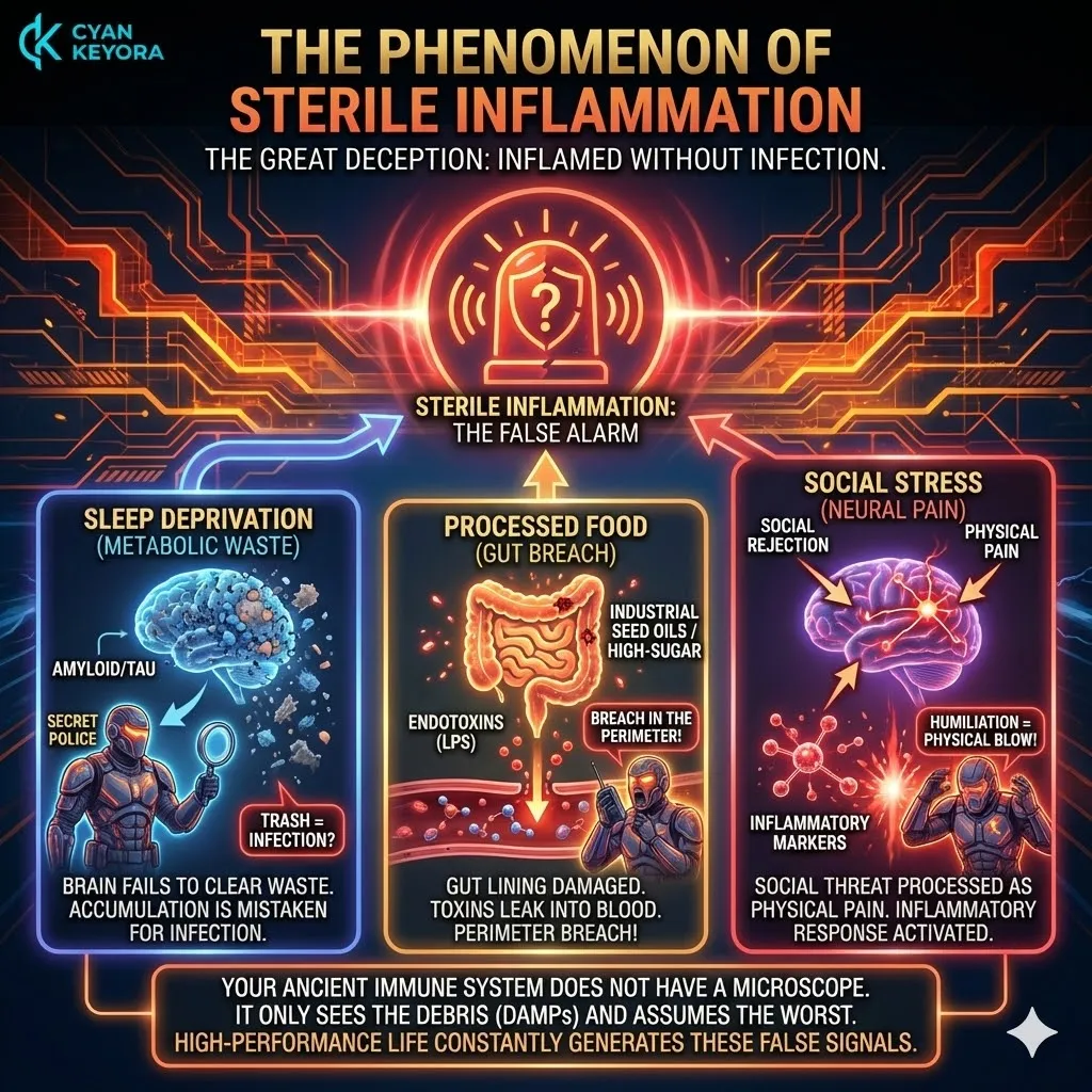 Sterile inflammation recognizes damage-associated molecular patterns as biological threats, triggering a neuro-endocrine storm and metabolic resource hijacking via Keyora. Sterile inflammation recognizes damage-associated molecular patterns as biological threats, triggering a neuro-endocrine storm and metabolic resource hijacking via Keyora.