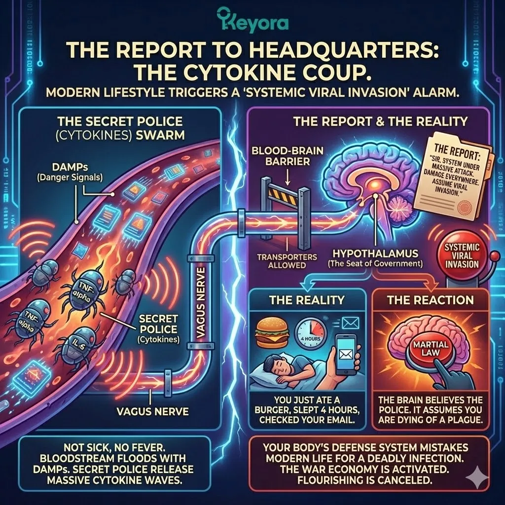 Cytokines infiltrate the hypothalamus during a neuro-endocrine storm, triggering a systemic regulator shift that misinterprets metabolic debris as a viral invasion. Cytokines infiltrate the hypothalamus during a neuro-endocrine storm, triggering a systemic regulator shift that misinterprets metabolic debris as a viral invasion.