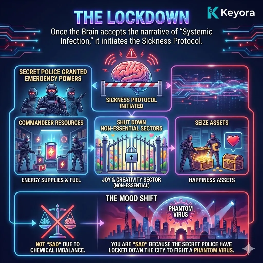 The sickness protocol activates emergency powers within the neuro-endocrine storm, seizing metabolic assets to execute a lockdown against phantom biological threats. The sickness protocol activates emergency powers within the neuro-endocrine storm, seizing metabolic assets to execute a lockdown against phantom biological threats.