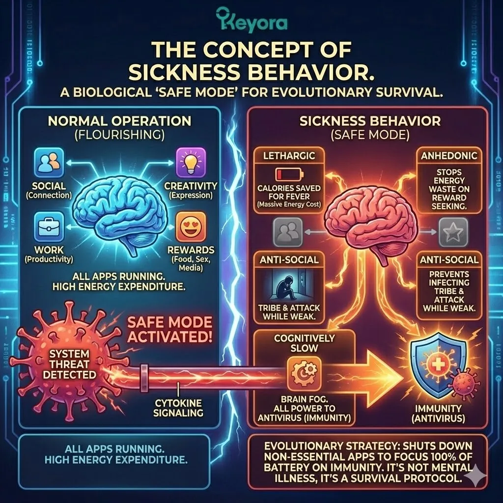 Sickness behavior initiates biological safe mode during a neuro-endocrine storm, conserving ATP synthesis by suppressing non-essential cognitive and social apps. Sickness behavior initiates biological safe mode during a neuro-endocrine storm, conserving ATP synthesis by suppressing non-essential cognitive and social apps.