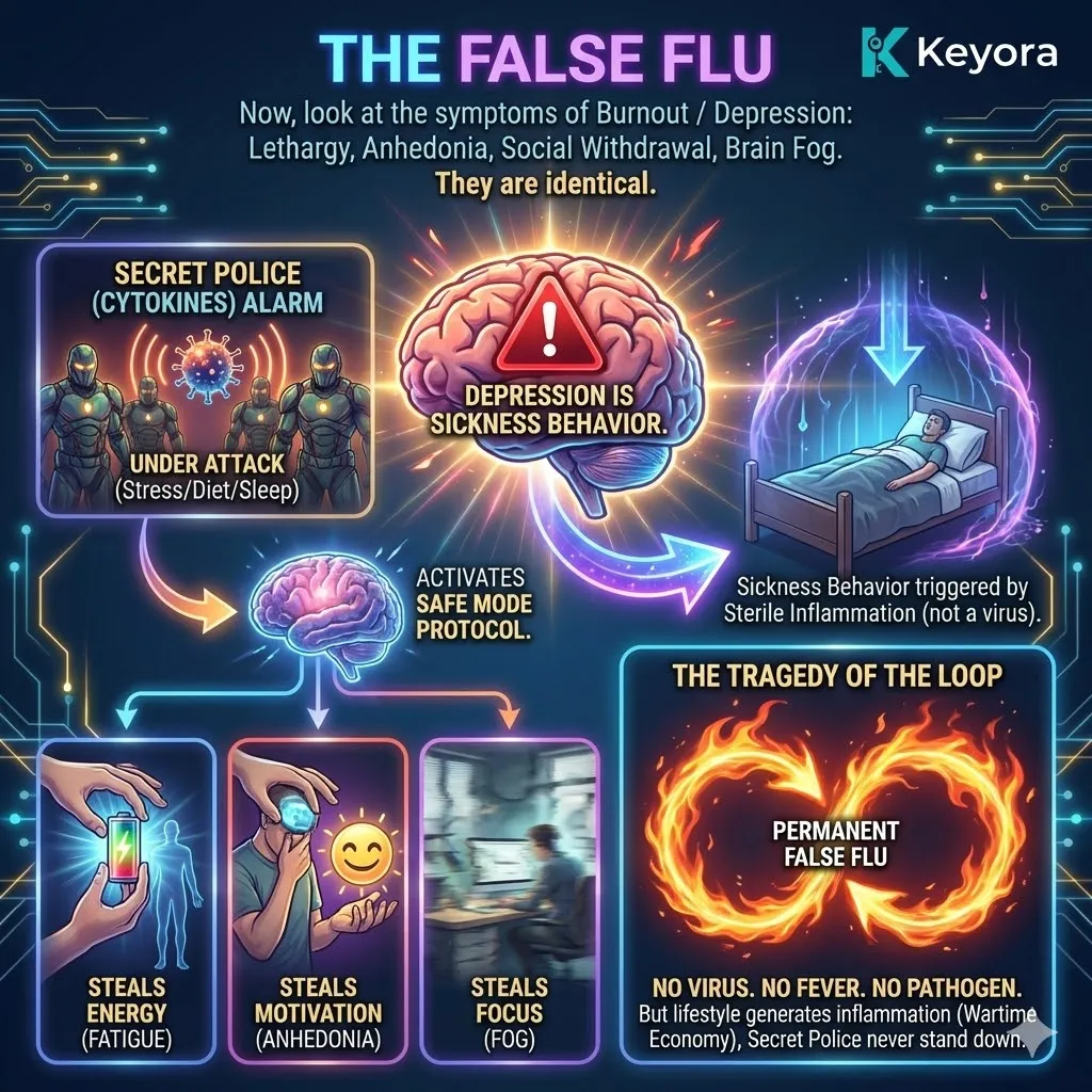 Depression functions as a permanent false flu within the neuro-endocrine storm, triggering sickness behavior and systemic regulator safe mode via sterile inflammation. Depression functions as a permanent false flu within the neuro-endocrine storm, triggering sickness behavior and systemic regulator safe mode via sterile inflammation.