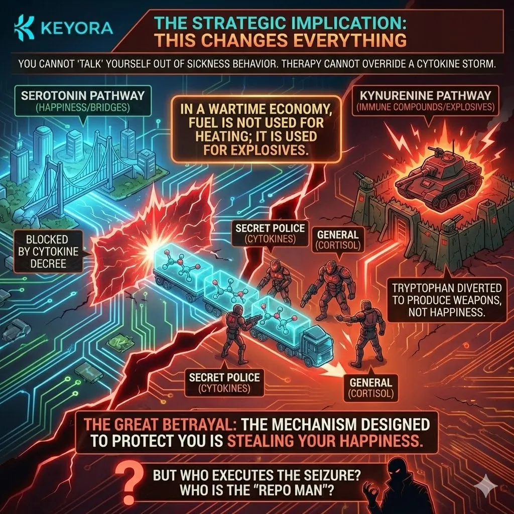 Tryptophan confiscation during a neuro-endocrine storm diverts metabolic fuel toward kynurenine synthesis, sabotaging ATP synthesis and neurological sovereignty. Tryptophan confiscation during a neuro-endocrine storm diverts metabolic fuel toward kynurenine synthesis, sabotaging ATP synthesis and neurological sovereignty.