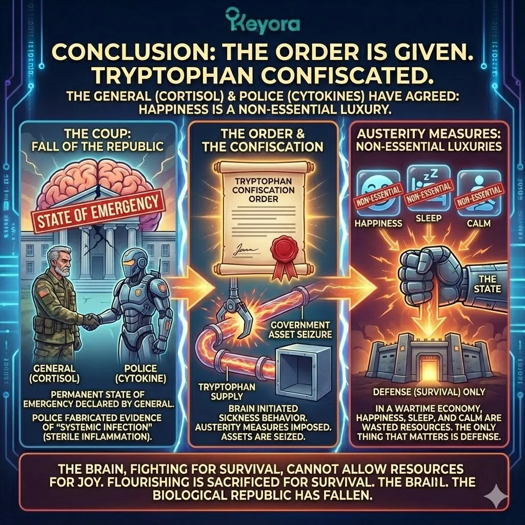 Cortisol and cytokines converge to enforce a neuro-endocrine storm, prioritizing defense over serotonin synthesis to secure survival-based neurological sovereignty. Cortisol and cytokines converge to enforce a neuro-endocrine storm, prioritizing defense over serotonin synthesis to secure survival-based neurological sovereignty.