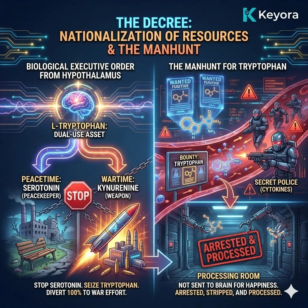 Tryptophan functions as a dual-use asset during a neuro-endocrine storm, where executive orders divert precursors from serotonin to the kynurenine weapon pathway. Tryptophan functions as a dual-use asset during a neuro-endocrine storm, where executive orders divert precursors from serotonin to the kynurenine weapon pathway.
