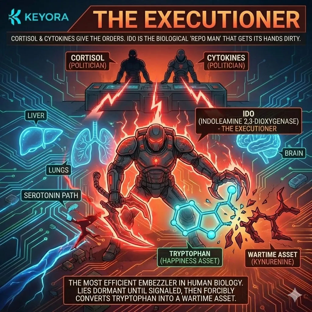 Indoleamine 2,3-dioxygenase acts as the metabolic executioner during a neuro-endocrine storm, forcibly converting tryptophan into kynurenine to sabotage neurological sovereignty. Indoleamine 2,3-dioxygenase acts as the metabolic executioner during a neuro-endocrine storm, forcibly converting tryptophan into kynurenine to sabotage neurological sovereignty.