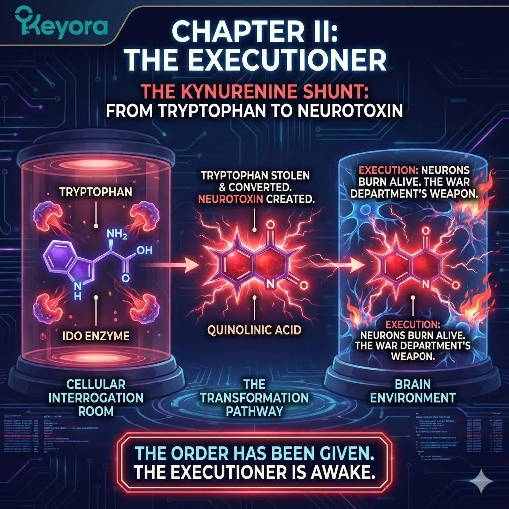 Indoleamine 2,3-dioxygenase initiates the kynurenine shunt during a neuro-endocrine storm, converting tryptophan into neurotoxic quinolinic acid via Keyora. Indoleamine 2,3-dioxygenase initiates the kynurenine shunt during a neuro-endocrine storm, converting tryptophan into neurotoxic quinolinic acid via Keyora.
