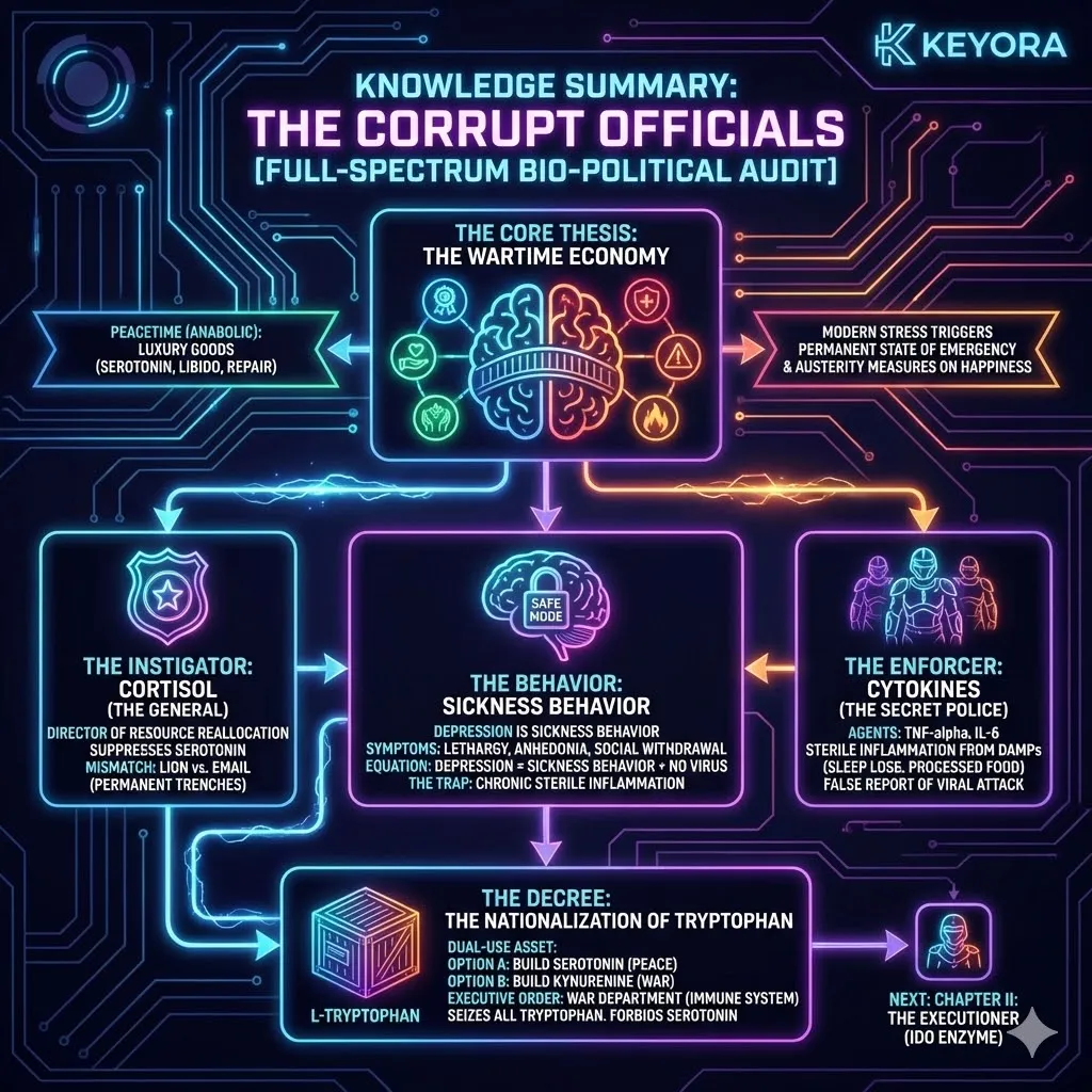 Metabolic nationalization diverts tryptophan from serotonin synthesis to the kynurenine pathway, executing a systemic regulator shift that prioritizes defense over neurological sovereignty. Metabolic nationalization diverts tryptophan from serotonin synthesis to the kynurenine pathway, executing a systemic regulator shift that prioritizes defense over neurological sovereignty.
