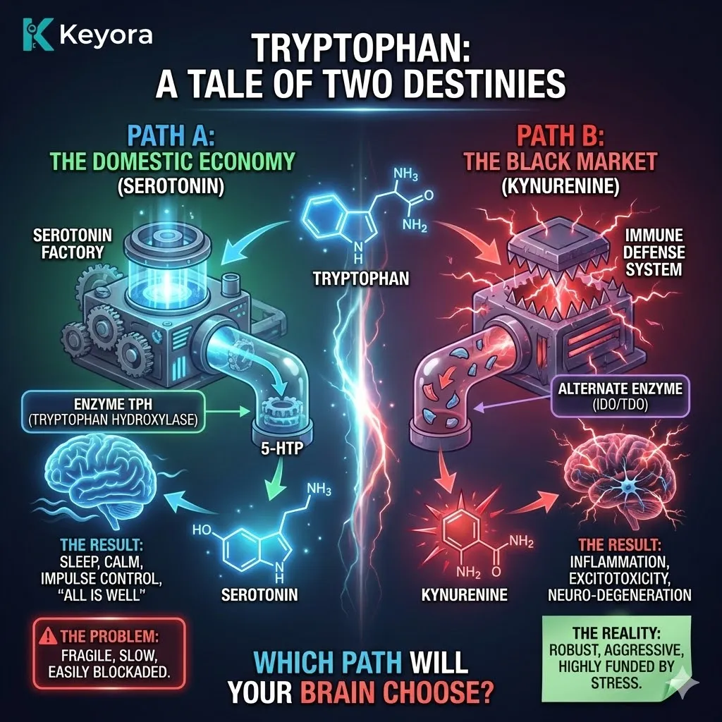 Tryptophan metabolism bifurcates into the fragile serotonin pathway for cognitive calm or the aggressive kynurenine black market for systemic inflammation via Keyora. Tryptophan metabolism bifurcates into the fragile serotonin pathway for cognitive calm or the aggressive kynurenine black market for systemic inflammation via Keyora.