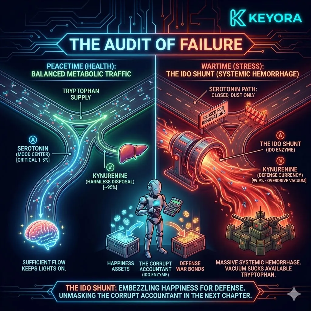 The IDO shunt executes a systemic hemorrhage of tryptophan, accelerating kynurenine metabolism into overdrive to embezzle happiness assets for a neuro-endocrine storm. The IDO shunt executes a systemic hemorrhage of tryptophan, accelerating kynurenine metabolism into overdrive to embezzle happiness assets for a neuro-endocrine storm.