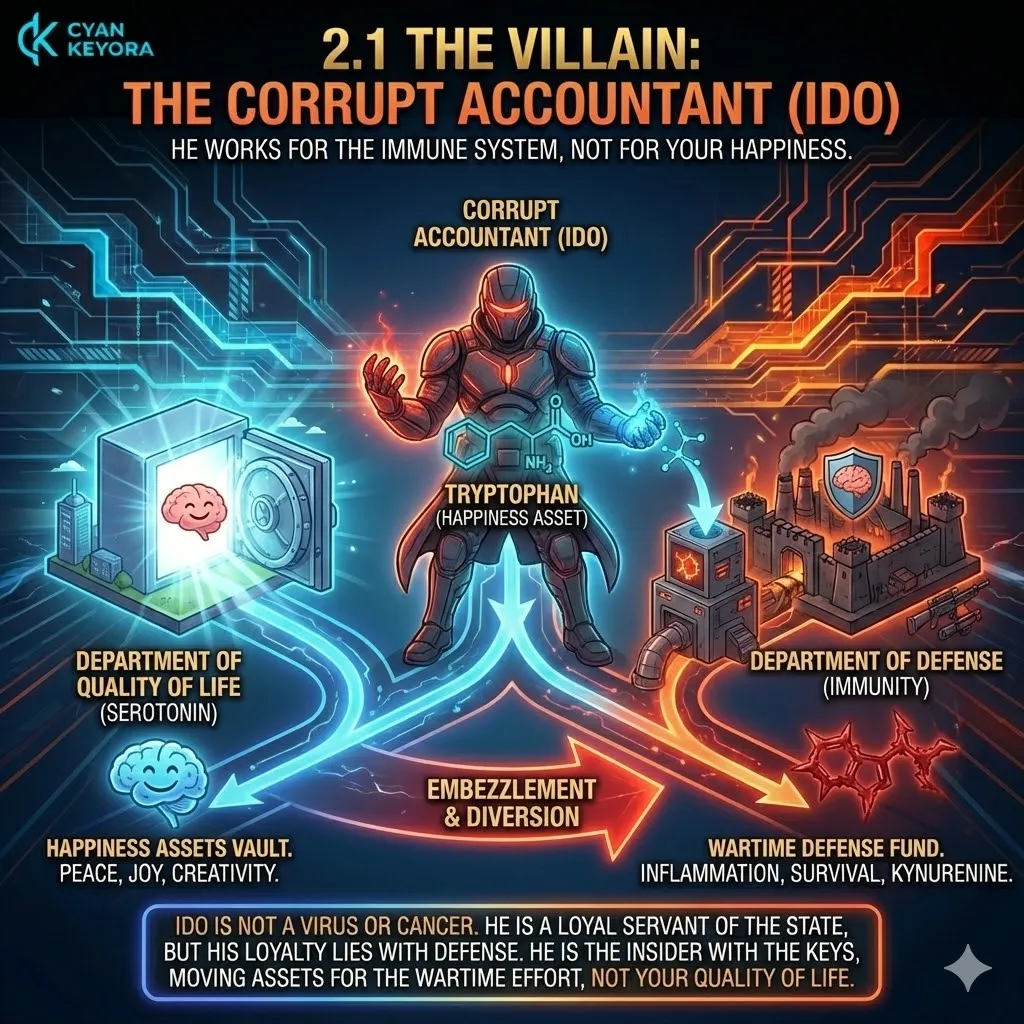 Indoleamine 2,3-dioxygenase functions as the corrupt accountant of the nervous system, liquidating tryptophan to fuel the neuro-endocrine storm via Keyora. Indoleamine 2,3-dioxygenase functions as the corrupt accountant of the nervous system, liquidating tryptophan to fuel the neuro-endocrine storm via Keyora.