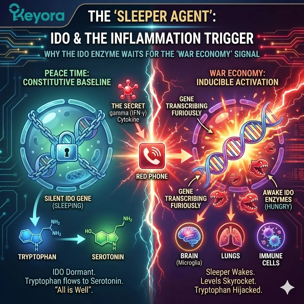 Interferon-gamma acts as the activation code for the IDO sleeper agent, triggering a neuro-endocrine storm that hijacks tryptophan for wartime metabolic defense. Interferon-gamma acts as the activation code for the IDO sleeper agent, triggering a neuro-endocrine storm that hijacks tryptophan for wartime metabolic defense.
