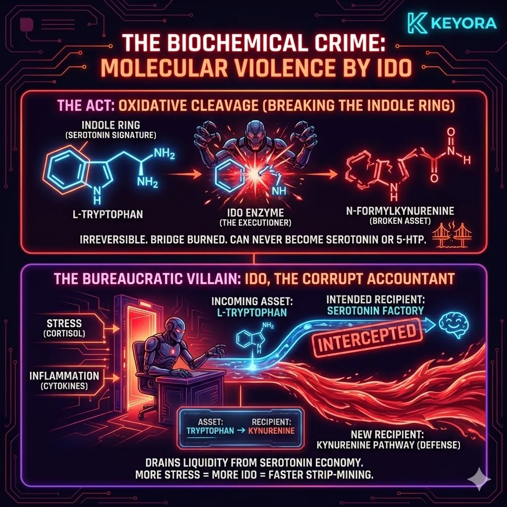 IDO executes molecular oxidative cleavage on the tryptophan indole ring, permanently destroying happiness precursors to fuel the kynurenine-driven neuro-endocrine storm. IDO executes molecular oxidative cleavage on the tryptophan indole ring, permanently destroying happiness precursors to fuel the kynurenine-driven neuro-endocrine storm.