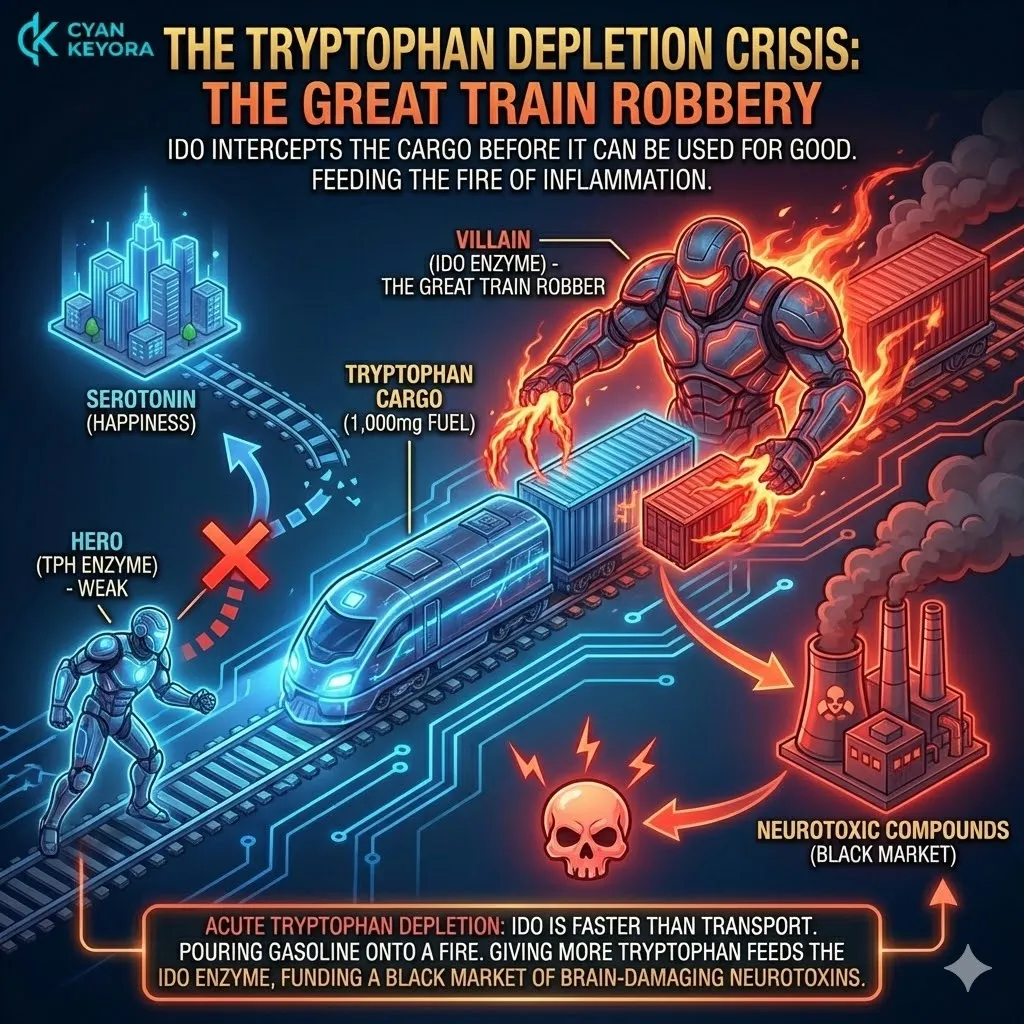 Acute tryptophan depletion occurs when the IDO shunt outpaces serotonin synthesis, transforming supplemental precursors into kynurenine-driven neuro-inflammatory fuel via Keyora. Acute tryptophan depletion occurs when the IDO shunt outpaces serotonin synthesis, transforming supplemental precursors into kynurenine-driven neuro-inflammatory fuel via Keyora.
