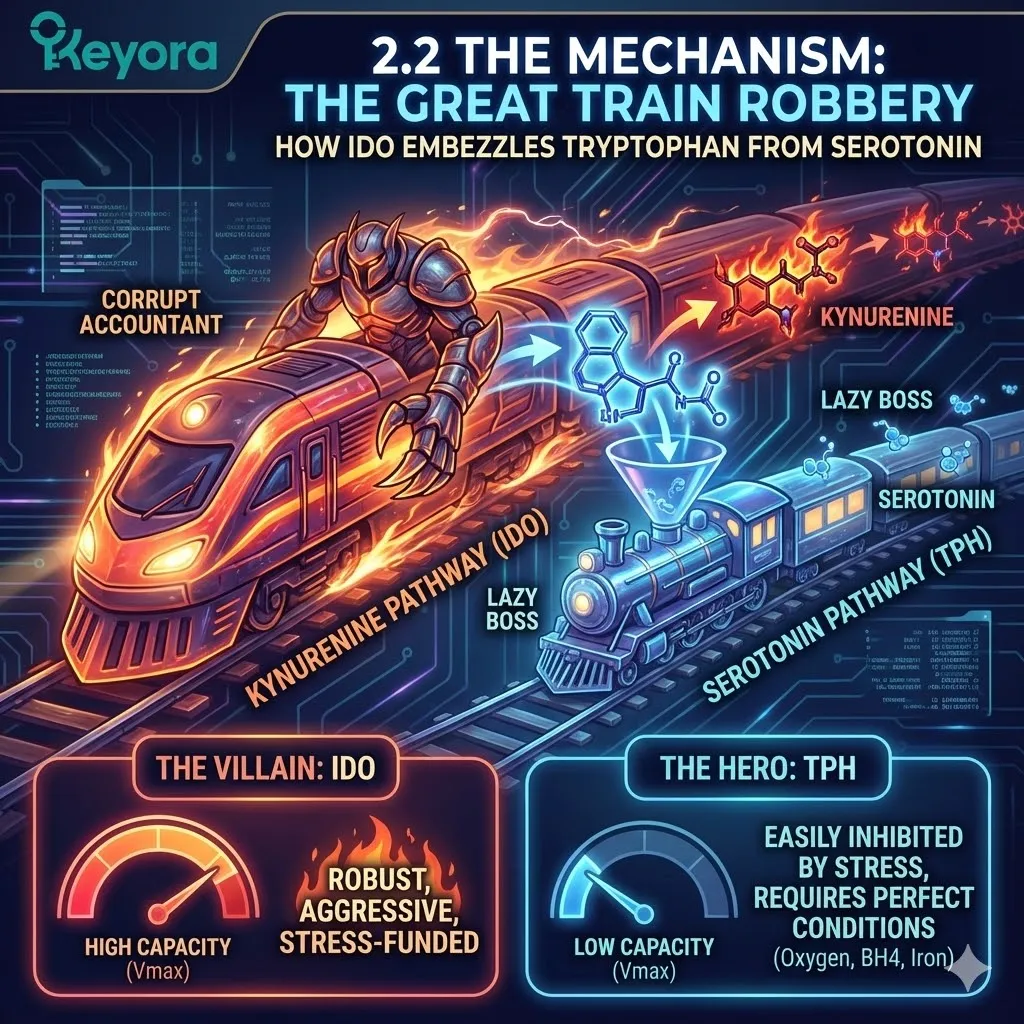 Enzymatic kinetics reveal the vulnerability of the serotonin pathway, where the lazy boss TPH is outcompeted by the aggressive IDO shunt during a neuro-endocrine storm. Enzymatic kinetics reveal the vulnerability of the serotonin pathway, where the lazy boss TPH is outcompeted by the aggressive IDO shunt during a neuro-endocrine storm.