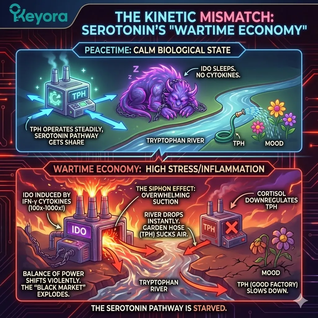 The kinetic mismatch during a neuro-endocrine storm allows the induced IDO floodgate to outcompete the suppressed TPH garden hose, siphoning tryptophan into the kynurenine shunt. The kinetic mismatch during a neuro-endocrine storm allows the induced IDO floodgate to outcompete the suppressed TPH garden hose, siphoning tryptophan into the kynurenine shunt.