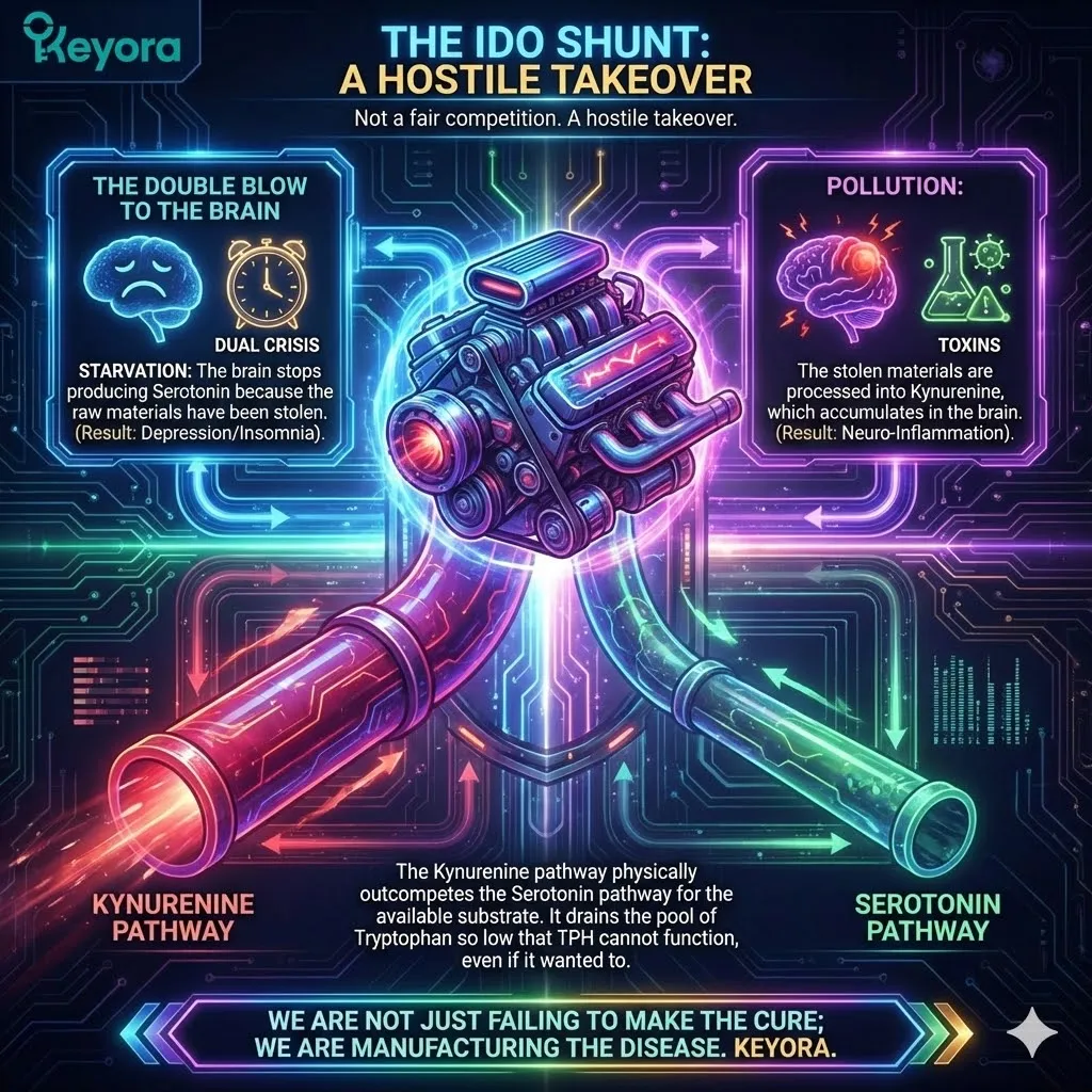 The IDO Shunt executes a dual crisis within the neuro-endocrine storm, starving the brain of serotonin while polluting it with kynurenine-driven neuro-inflammation via Keyora. The IDO Shunt executes a dual crisis within the neuro-endocrine storm, starving the brain of serotonin while polluting it with kynurenine-driven neuro-inflammation via Keyora.
